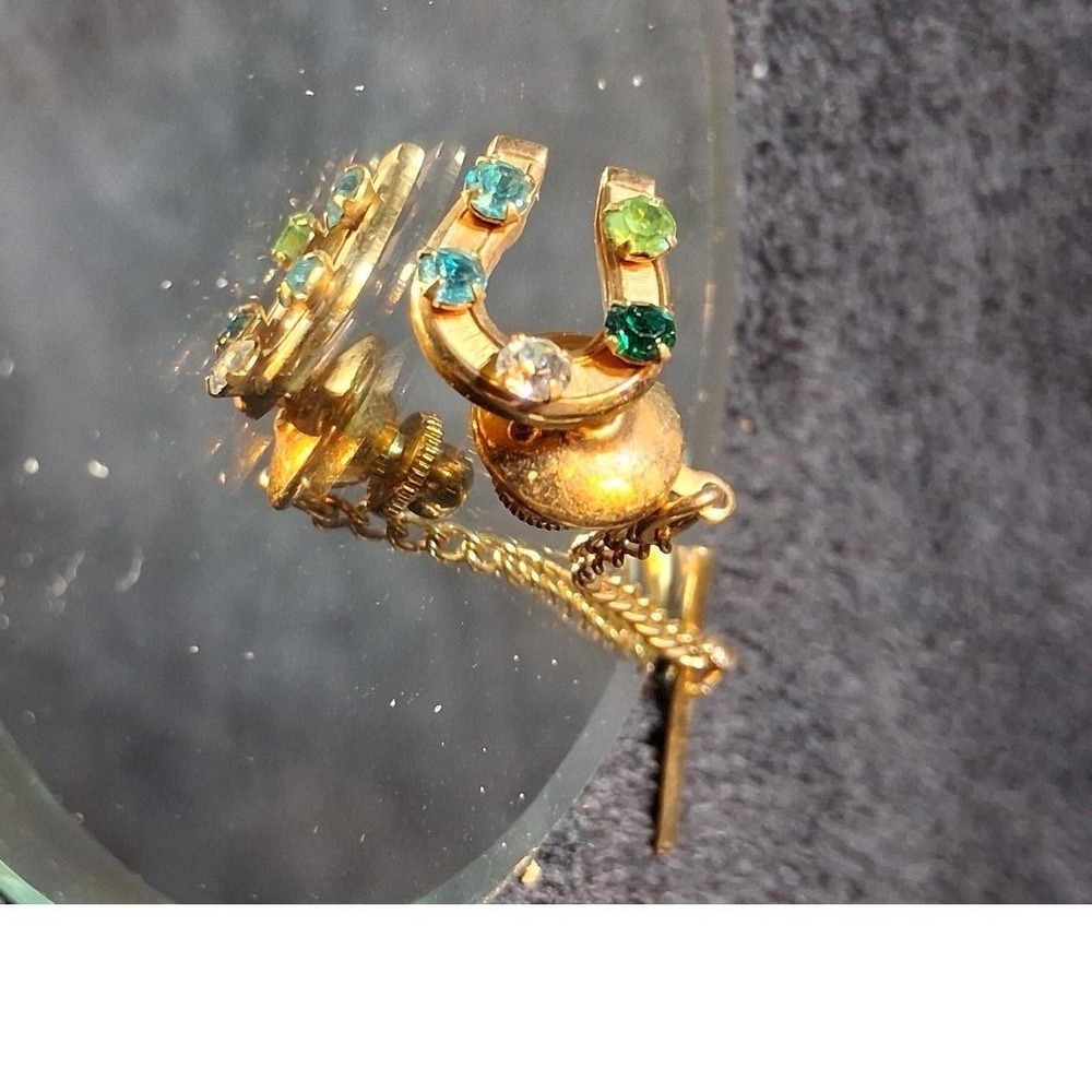 Vintage 12KG Horseshoe Tie Tack Multi stone Colts Equestrian Lucky Dad Pin - Picture 5 of 7